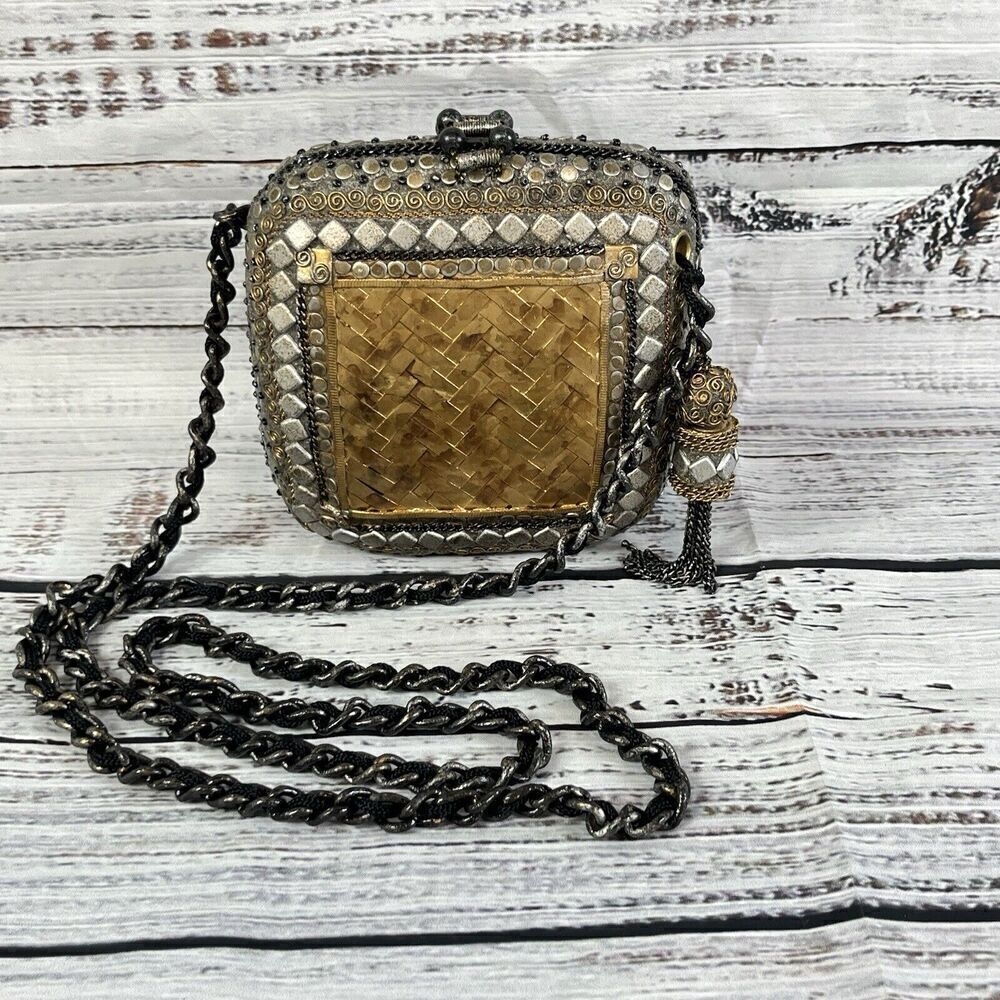 Vintage Metallic Gold Magnetic Snap Crossbody Purse Handbag Bag Wedding Evening - Picture 2 of 16